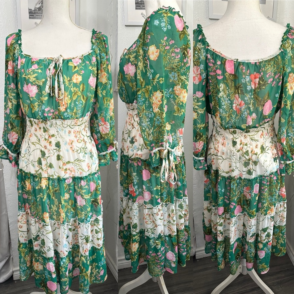 🌿 Anthropologie Fig and Flower Boho Tiered Green Floral Print Dress Size Medium - Picture 2 of 10
